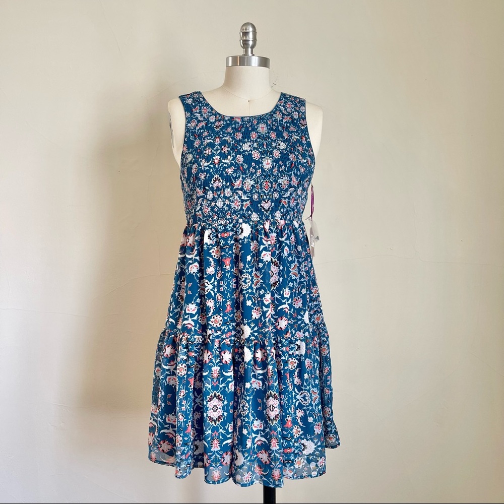 NWT Blue Floral Smocked Tiered Babydoll Dress